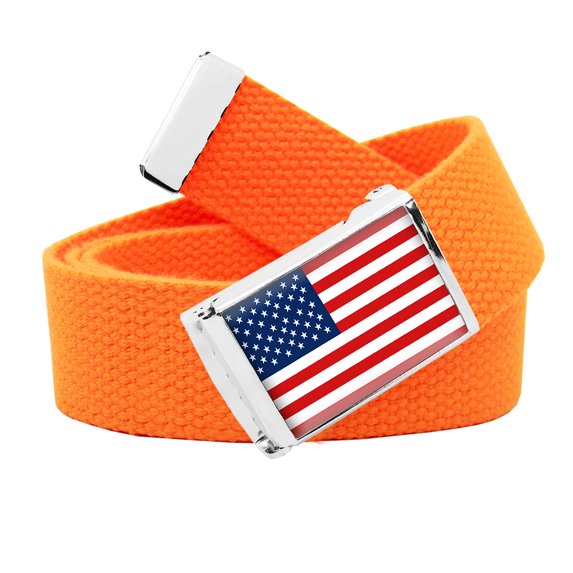 American Flag Flip Top Men's Belt Buckle with Canvas Web Belt Small Neon Orange
