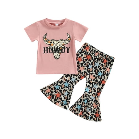 

AMILIEe Kids Girls Clothes Suits Summer Short Sleeve T-Shirts Tops and Flares Pants 2Pcs Outfit Set