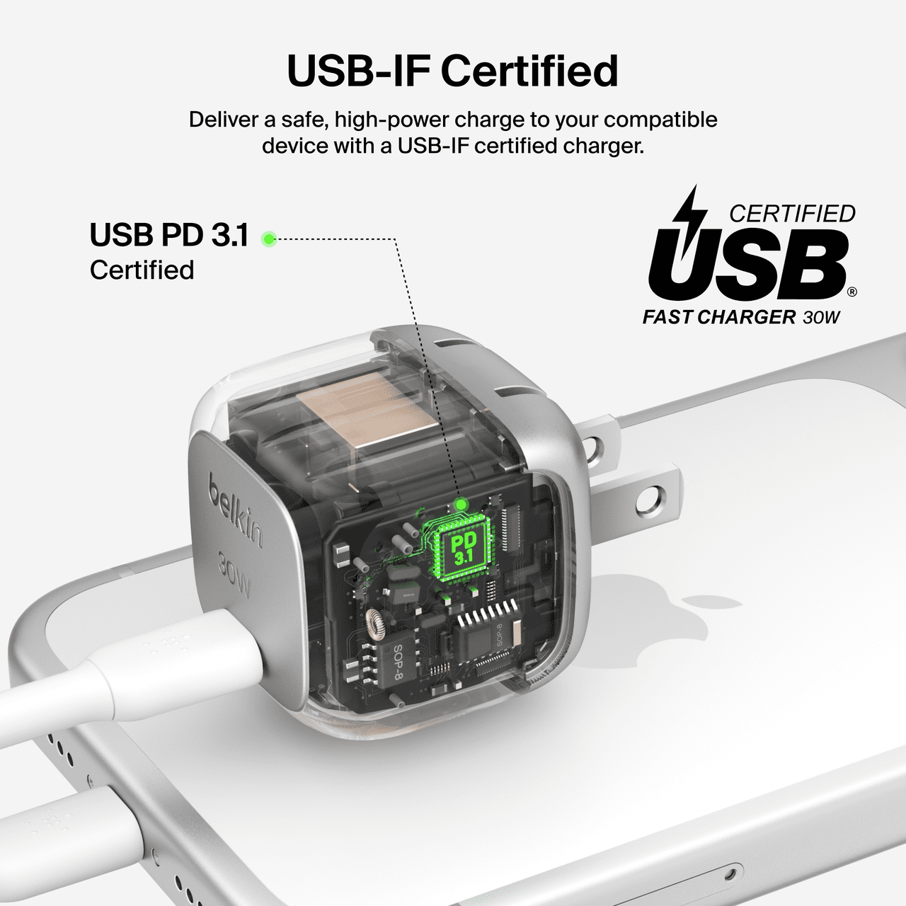 Belkin BoostCharge 30W Cubic Wall Charger, USB-C Power Delivery Fast Charging for Apple iPhone 16,15, 14 Series Models, Samsung Galaxy S24, iPad, AirPods , and More - Silver