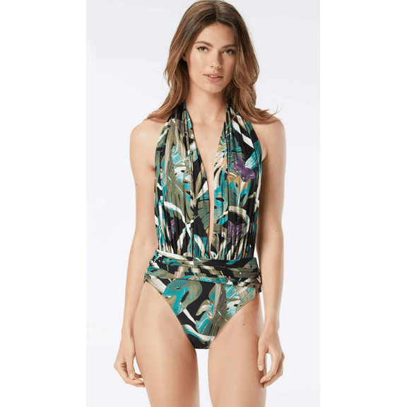 Vince Camuto Women's Halter Plunge-Neck One-Piece Swimsuit (6, Black Multi)