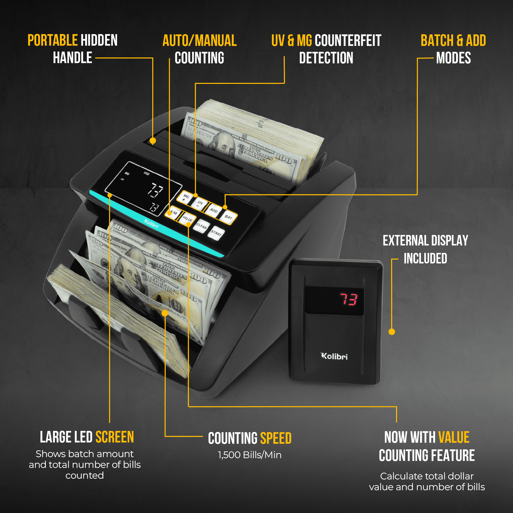 Kolibri Kolibri Bill Counter: 1,200 bills per min, advanced counterfeit detection, set up in minutes