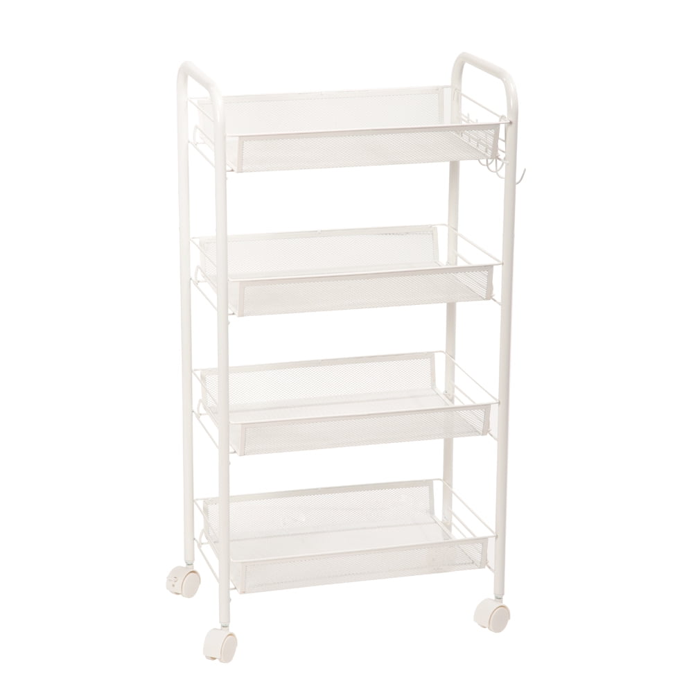 Kepooman 4-Tier Mesh Wire Rolling Cart with Hook Ivory, White Kepooman 4-Tier Mesh Wire Rolling Cart with Hook Ivory, White