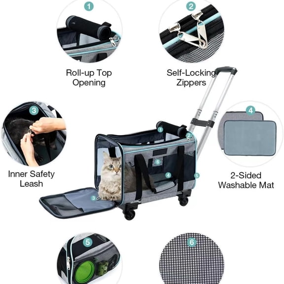 Cat Dog Carrier with Wheels Rolling Pet Carrier with Telescopic Handle, Shoulder Strap and Pet Bowl, Grey