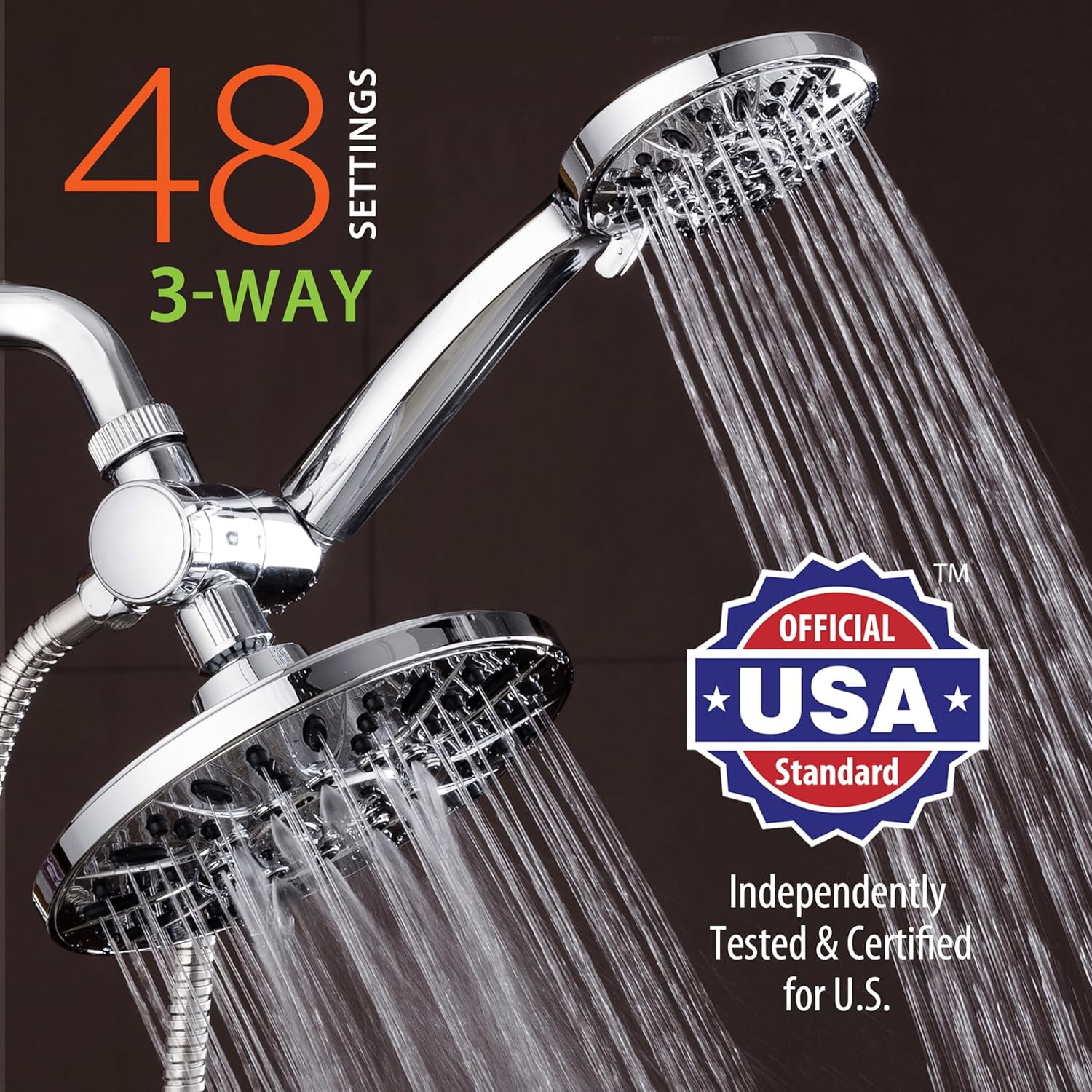 Premium High Pressure 3-Way Rainfall Combo for The Best of Both Worlds - Enjoy Luxurious Rain Showerhead and 6-Setting Hand Held Shower Separately or Together