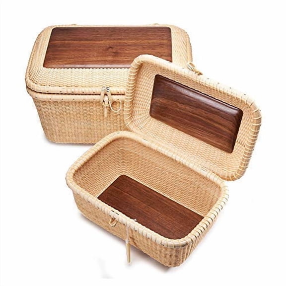 Nantucket baskets Rectangular Handwoven rattan Storage Basket Set with Lid for Shelves and Home Organizer Bins (S)