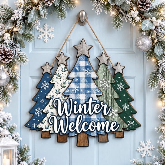 Winter Welcome Snowflake Trees Wooden Door Sign for Christmas Entryway Gift