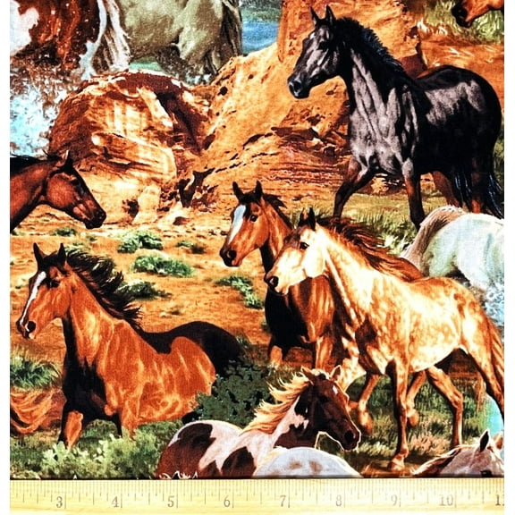 1 Fat Quarter - Wild Horses Scenic Cotton Fabric - 21" X 18"