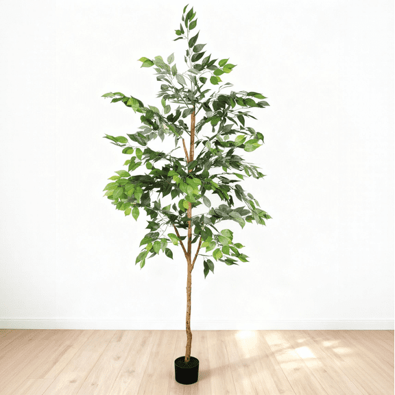 6FT Artificial Ficus Tree with Natural Wood Trunk, Real Touch Leaves Fake Plant for Indoor Home Office Decor, Lush Green Faux Ficus Tree, 1pc/set