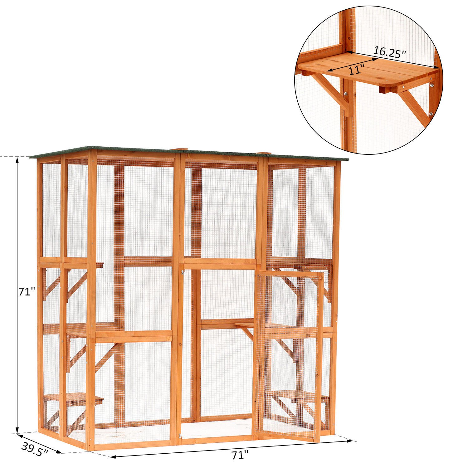 Wooden Outdoor Cat House Large Catio Enclosure for Multiple Cats, Spacious Interior with 6 High Ledges, Weatherproof Asphalt Roof, Durable Fir Wood Construction, 71 Inch Length, Orange