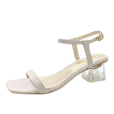 

Fashion Womens Chunky High Heels Breathable Lace Up Shoes Casual Sandals PU White sandals for Women