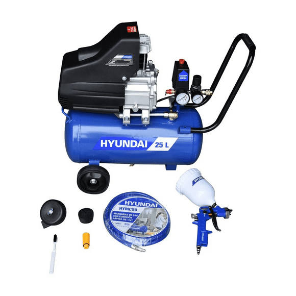 Compresor 25 Litros 2.5 Hp Hyundai C/Manguera y Pistola HYAC25K