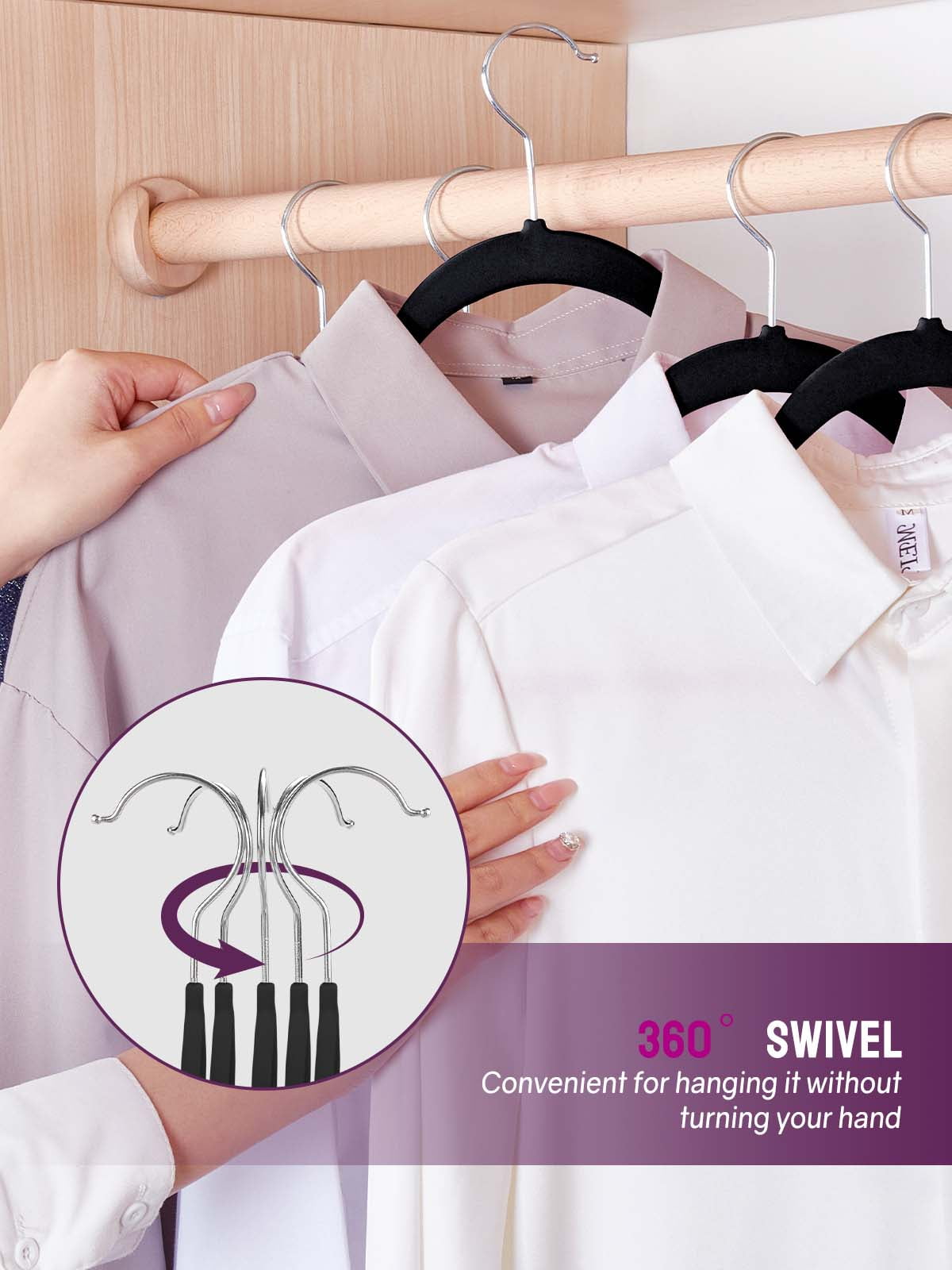 cozymood Velvet Hangers 30 Pack, Non-Slip Clothes Hangers with 360 Degree Swivel Hooks, Slim Space-Saving Suit Hangers, Black