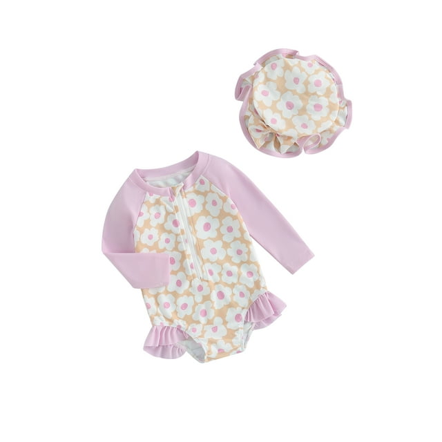 Diconna Toddler Girls Rash Guard Swimsuit Rompers Long Sleeve Patchwork Floral Print Baby Ruffles Bathing Suit Swimwear with Swim Cap