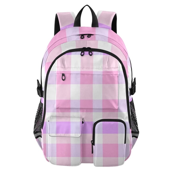 DIXRUYEE Pink Lavender Plaid Pattern Backpack for School 14”Laptop Compatible with Reflective Safety Strips