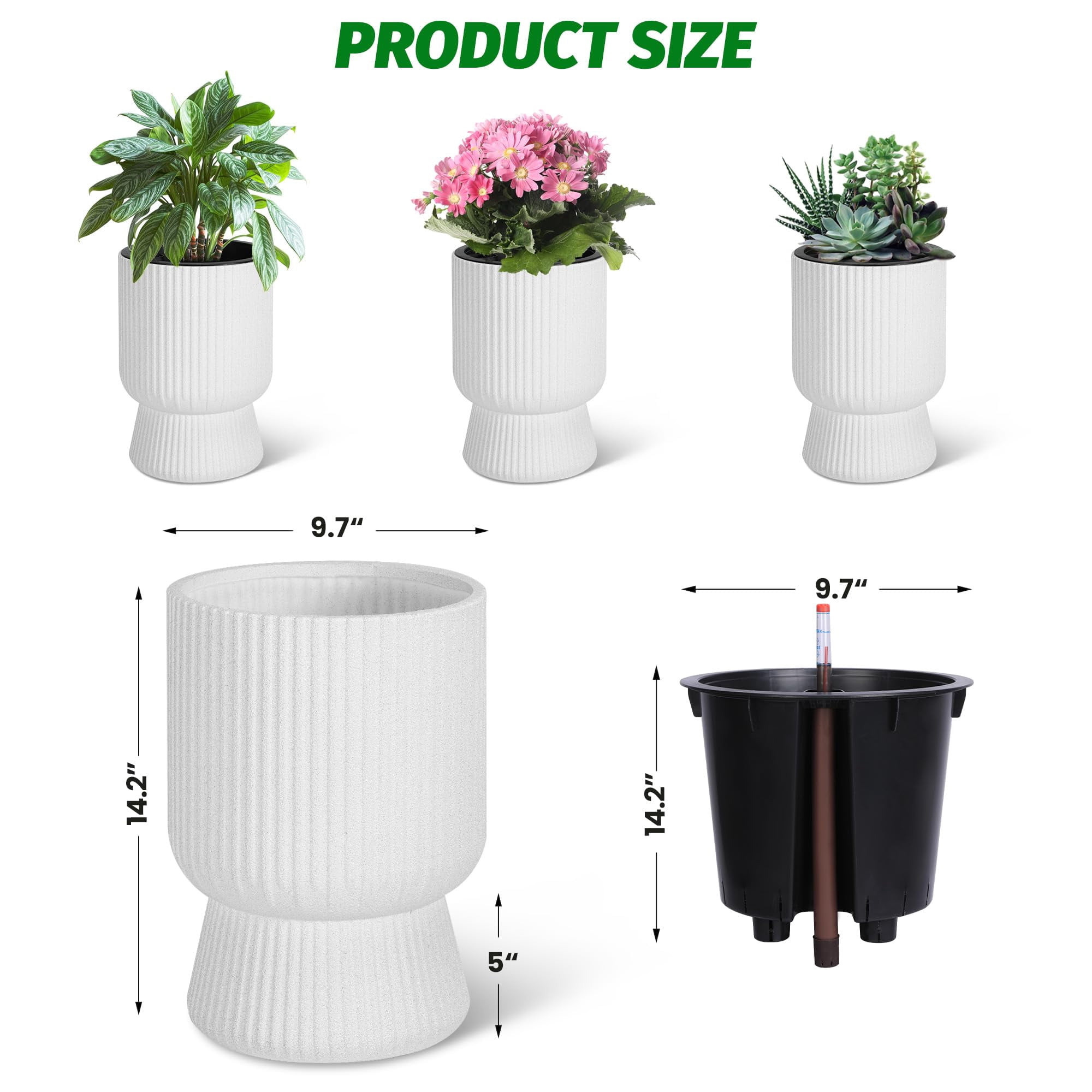 Ataucjin 14.2" Tall Planters Set of 2, Large Indoor/Outdoor Self-Watering Plant Pots with Drainage, Water Level Monitor, Flower Pots for Patio, Porch, Living Room, Home Office