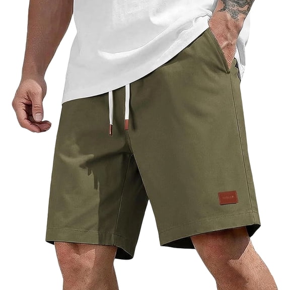Zimjoy Men's Cotton Chino Shorts 7 Inch Casual Summer Beach Shorts Elastic Waist Drawstring with Pockets Army Green L