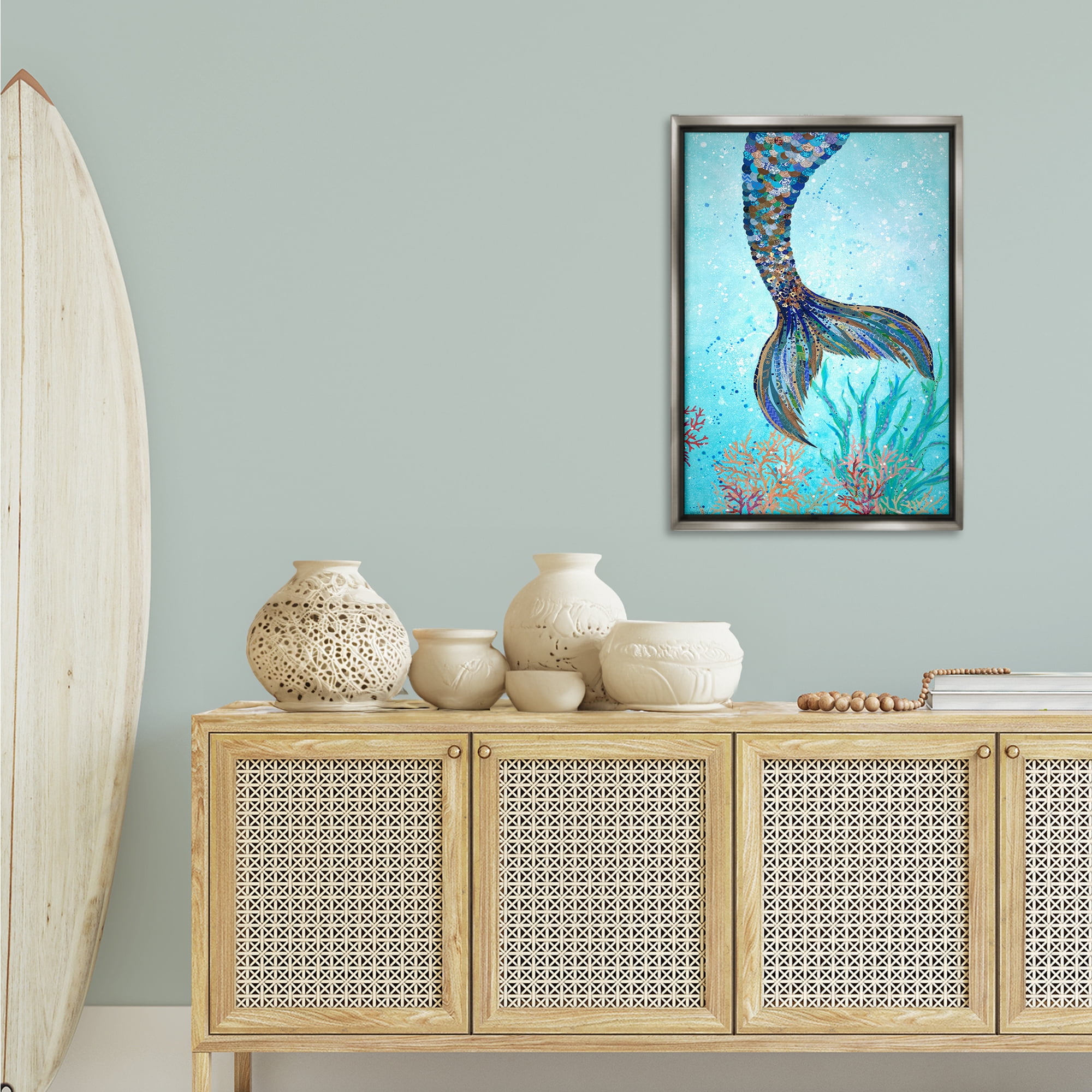 Stupell Industries Tall Tails Mermaid Fairy Tales & Fantasy Painting Gray Floater Framed Canvas Art Print Wall Art, 21 x 31