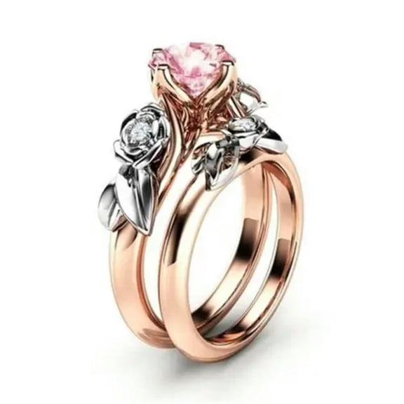 K-KED Pink 2pcs/set Rose Floral Rings Solitaire Wedding Party Delicate Jewelry Gift Size 6-10-#1-10