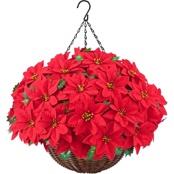 Waipfaru Artificial Poinsettia Christmas Hanging Basket, Fake Silk Red Poinsettia Flowers for Outdoor Indoor Front Porch Home Xmas Decor