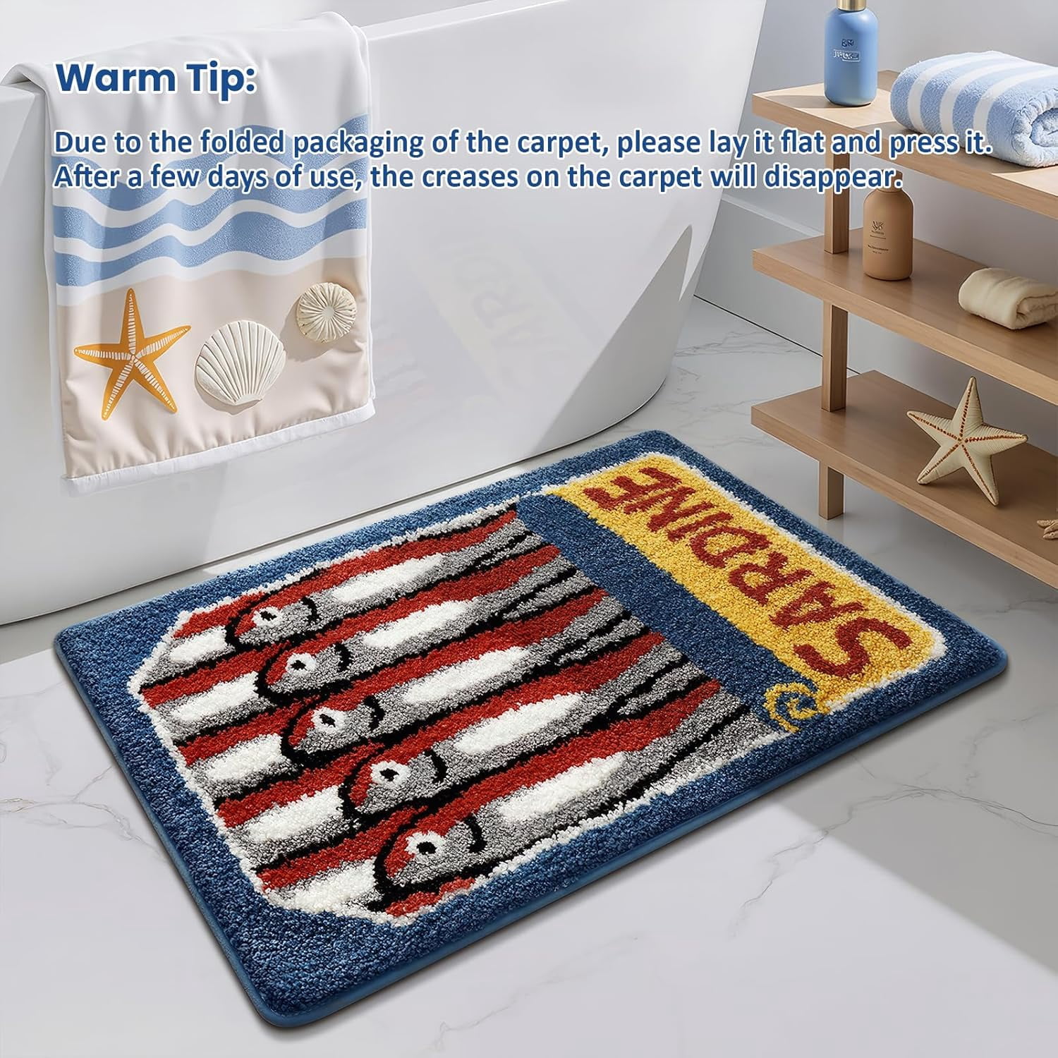 Canned Sardines Bath Mat, Full Can Design with Stacked Little Fish Non-Slip Rug Soft Absorbent Plush, Machine Washable Retro Ocean Decor for Bathroom Bedroom Entrance 20x31 Inch