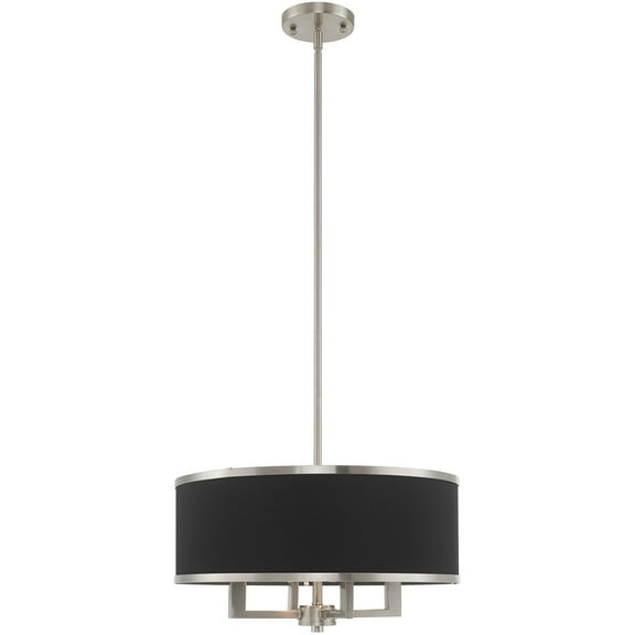 4 Light Brushed Nickel Pendant Chandelier with Hand Crafted Black Fabric Hardback Shade