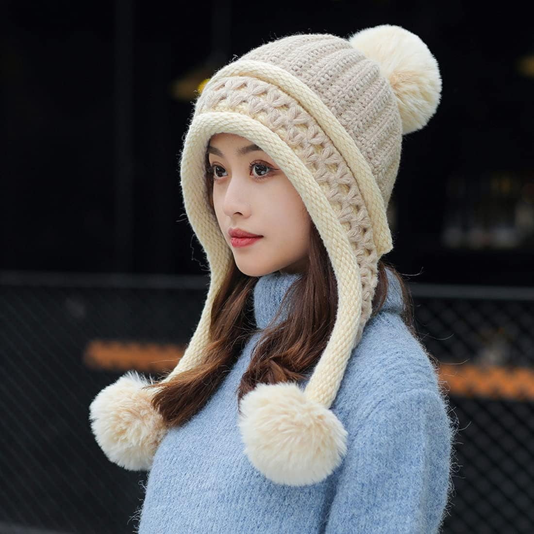 YooGuoGuo Women Winter Beanie Hat Earflap Peruvian Warm Slouchy Fleece Lined 3 Pom Poms Knit Sherpa Fluffy Soft Ski Hats