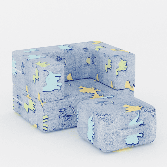 Baxluxe Kids Couch and Ottoman Set, Cartoon Themed Toddler Sofa with Backrest, Plush Playroom Seating with Removable Washable Cover, Cozy Chair and Footstool for Reading, Play, Blue Dinosaur