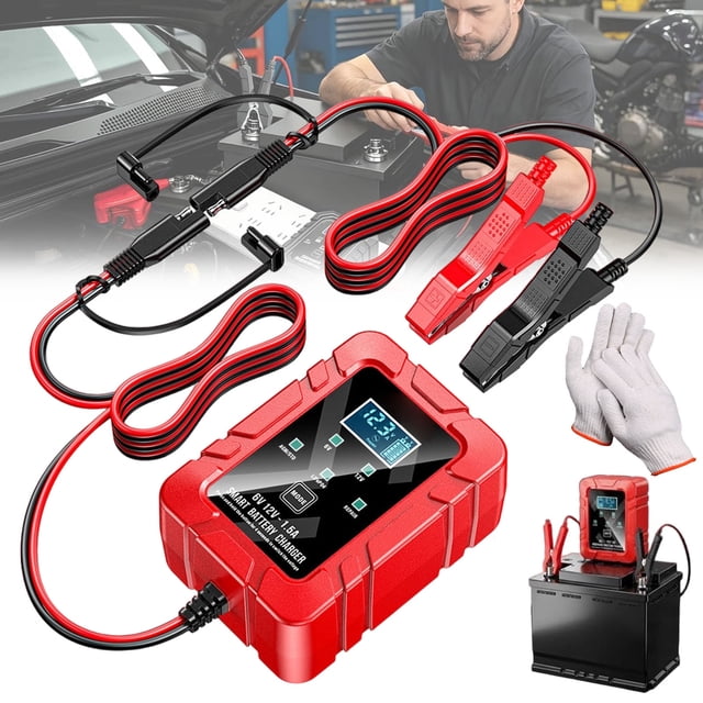 6V 12V Automatic Intelligent Recognition Charger, Smart Pulse Battery Charger & Repairer with LED Display, Trickle Chargers for Car, Motorcycle & Marine Batteries,Red