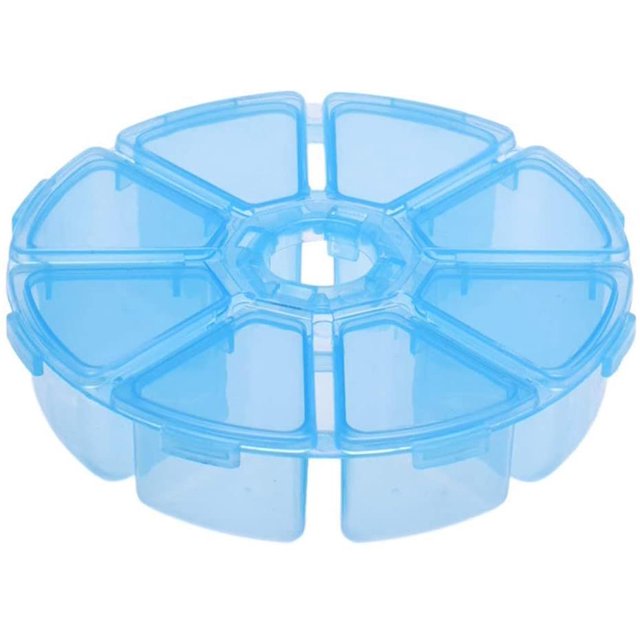 1 paquete de caja de almacenamiento redonda de 8 compartimentos, fácil de transportar, para guardar aretes, anillos, cuentas, diamantes de imitación, pastillas y más (azul). Afortunado Sencillez
