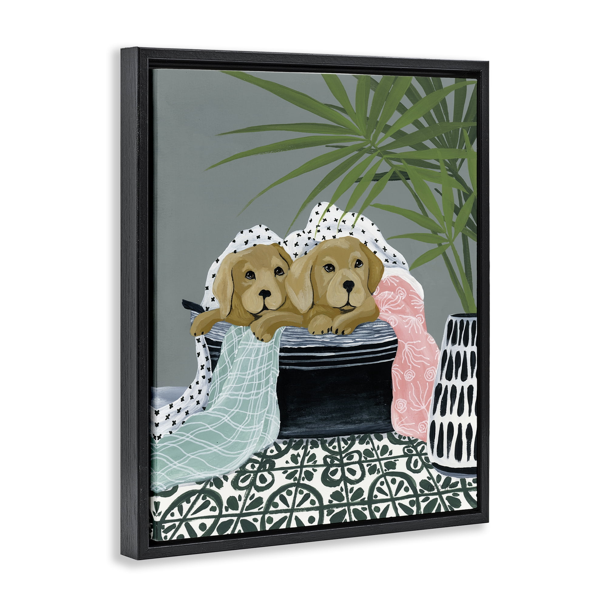 Stupell Industries Cuddling Laundry Dogs Bath & Laundry Painting Black Floater Framed Canvas Art Print Wall Art, 17 x 21