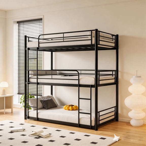 Triple Metal Bunk Bed Twin over Twin with Ladder, Convertible 3 Bunk Beds, Metal Bunk Bed with Stairs & Shelf, Black