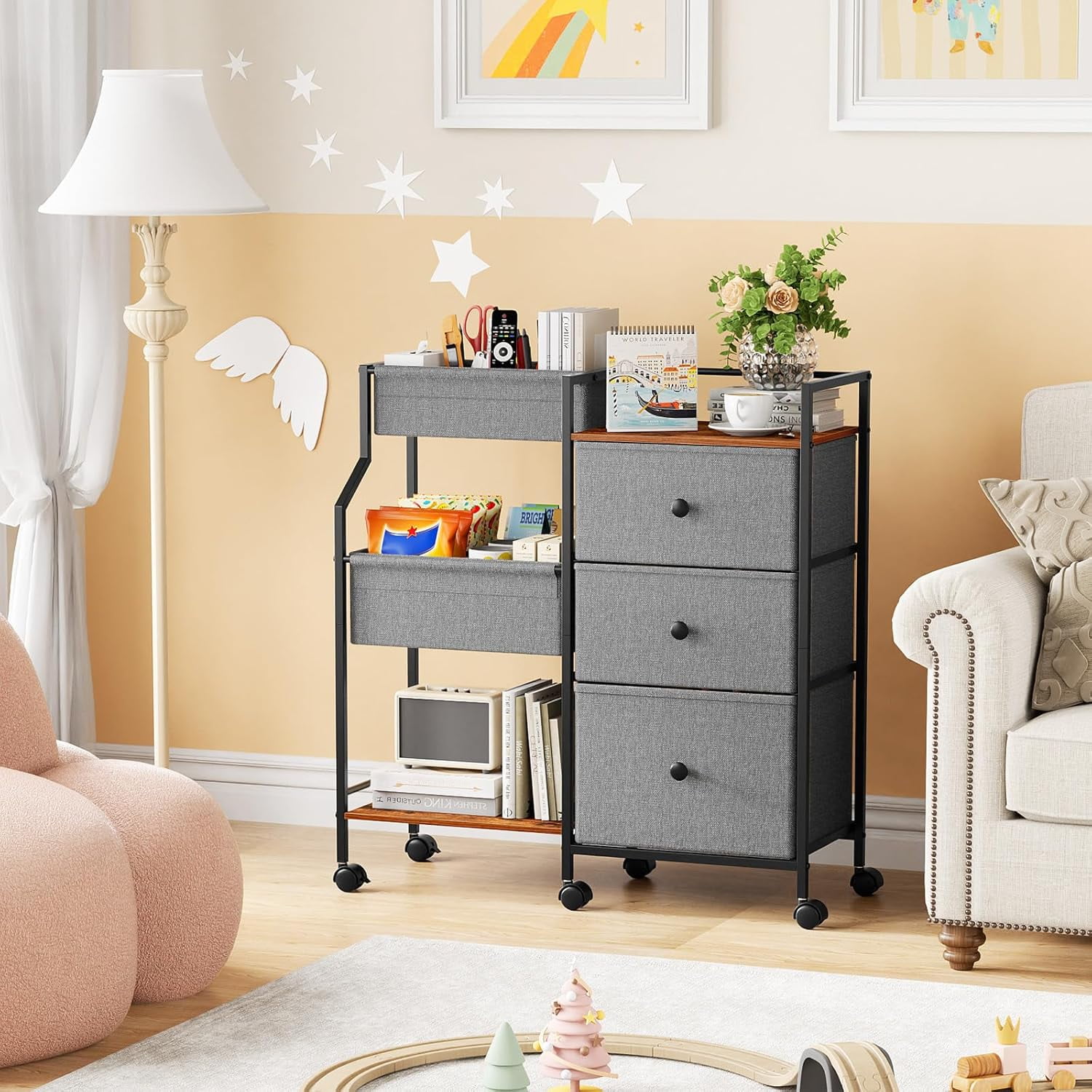 3 Tier Diaper Organizer & Storage Cart for Nursery, Bedroom, Changing Table with Dividers & Drawers