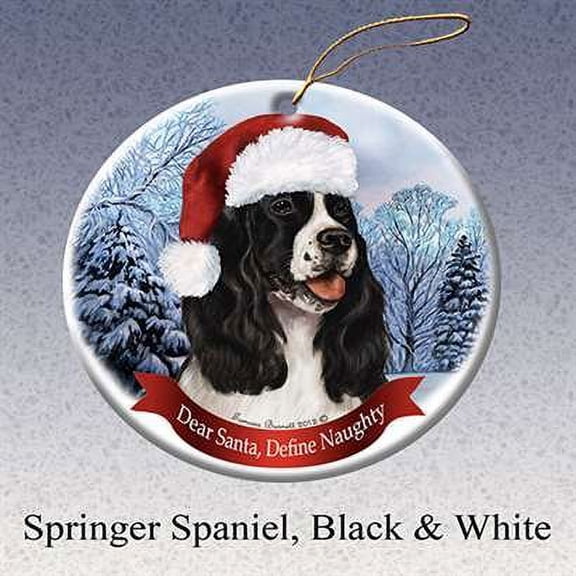 Holiday Pet Gifts Springer (Blk&Wht) Santa Hat Dog Porcelain Christmas Ornament