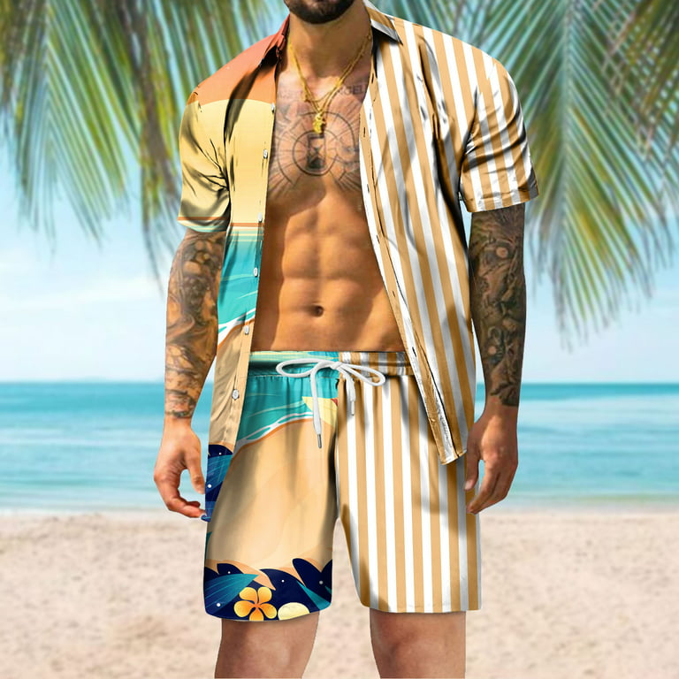 Pmuybhf Men Clothes Sets Outfits Fall Mens Summer Fashion Leisure Hawaii Seaside Holiday Beach Digital 3D Printing Short Sleeved Shirt Shorts Beach Pants Suit