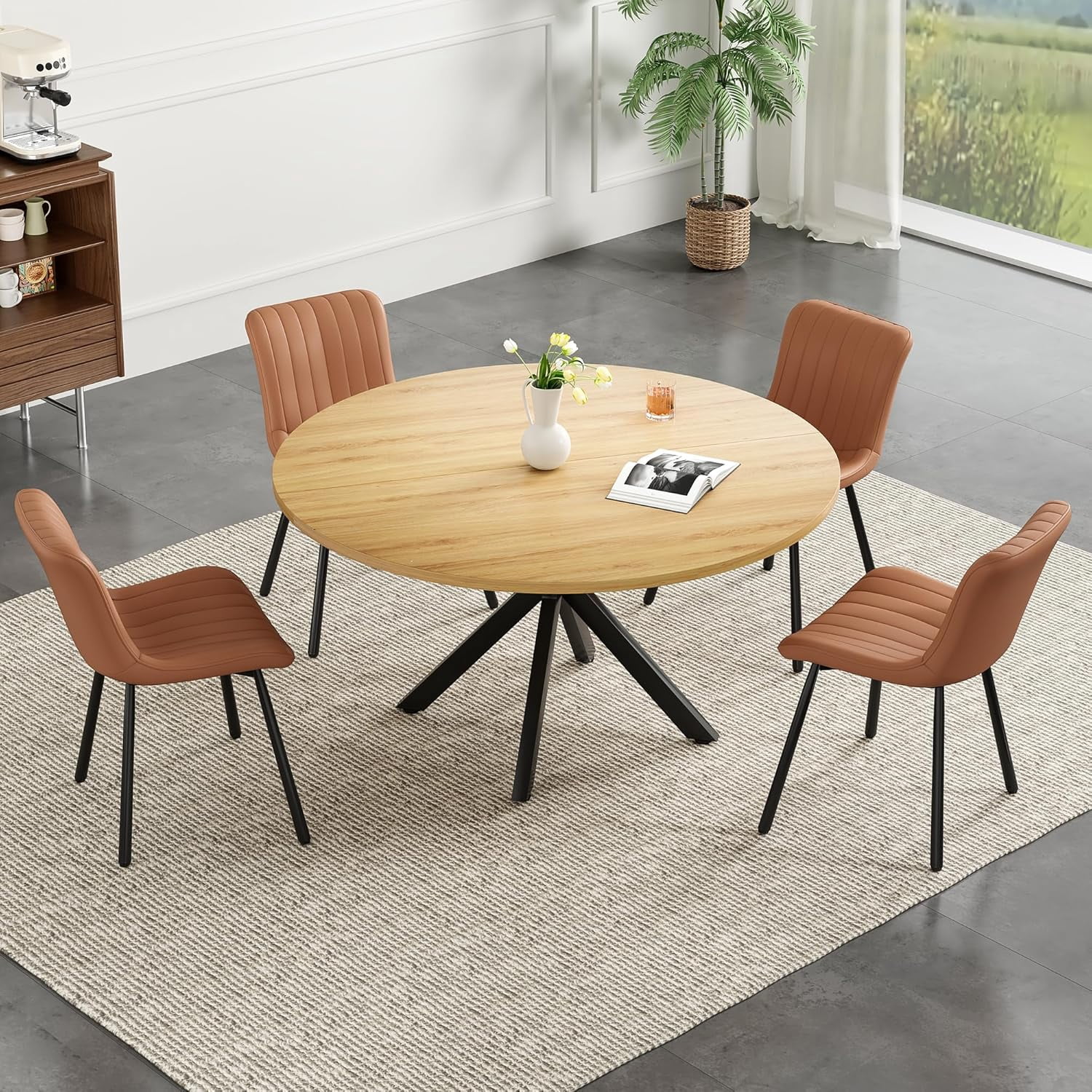 Farini 47" Round Dining Table, Mid-Century Modern Wood Table with Metal Base, Seats 4-6, for Kitchen or Dining Room, Nature
