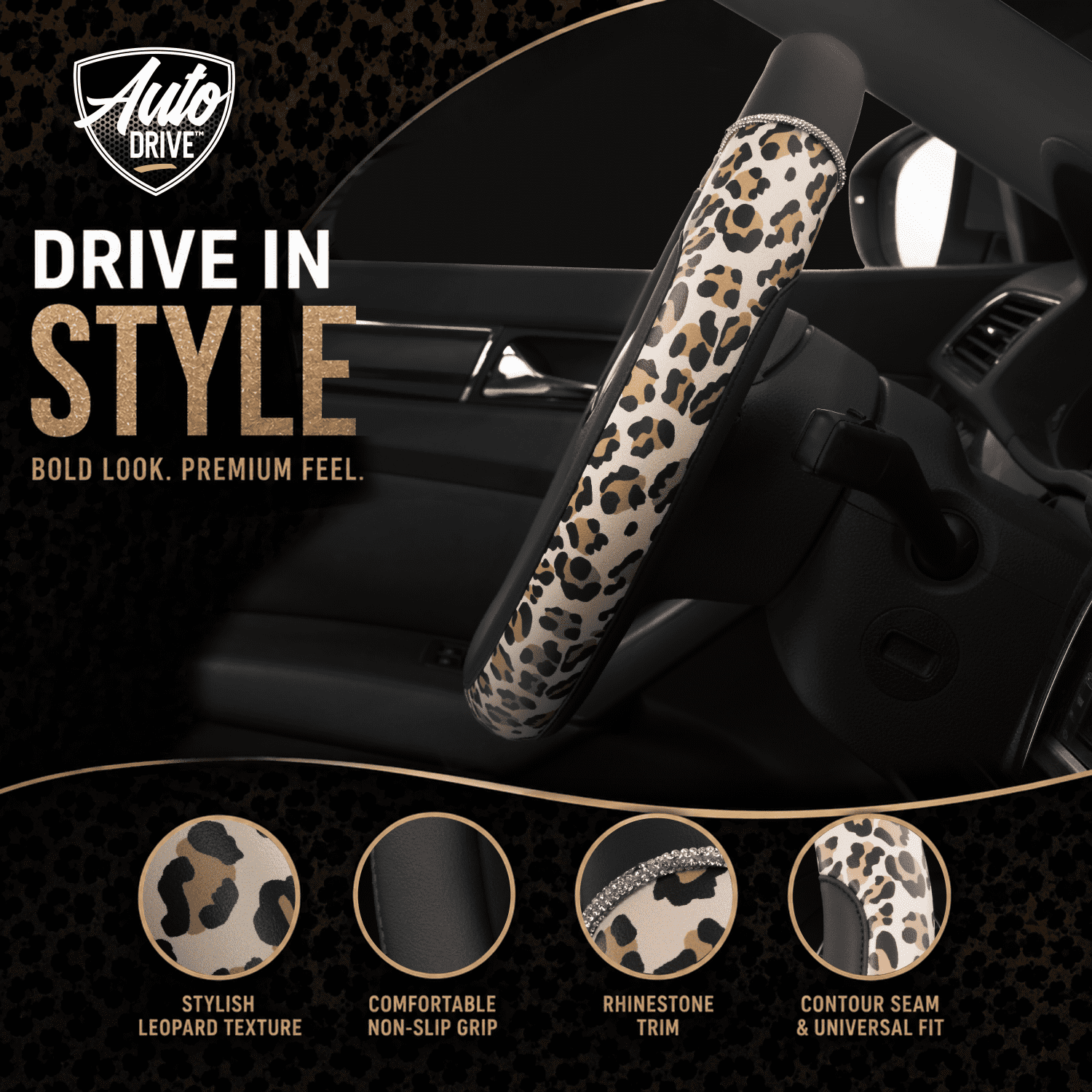 Auto Drive Steering Wheel Cover, Pink Leopard Print with Rhinestone Accents Steering Wheel Cover, Fashion Steering Wheel Cover,Non-Slip Grip, Universal Fit for Cars, SUVs & Trucks,Beige