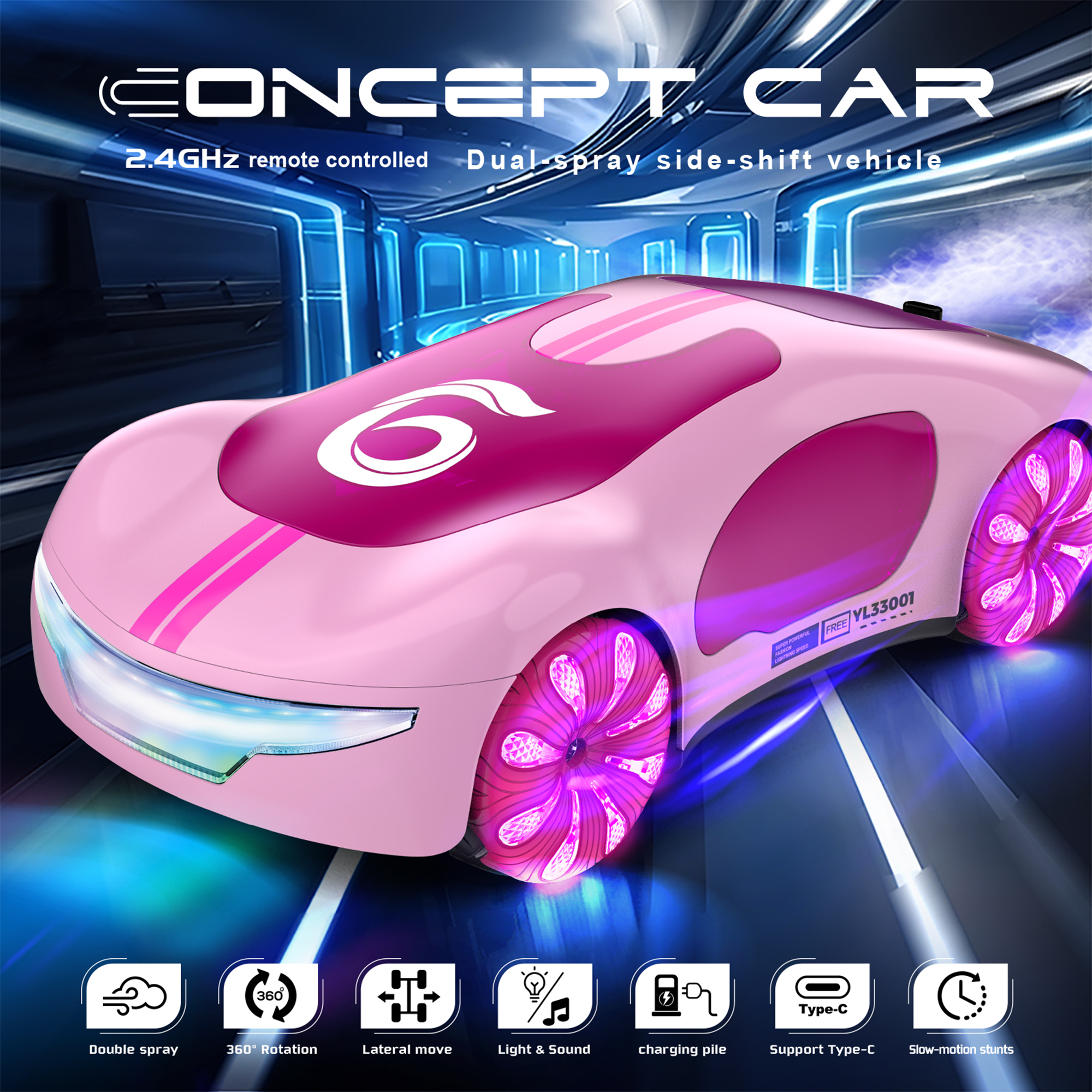 Flynow Remote Control Car, RC Drift Toy for Kids 3 4 5 6 7 8 9 10 11 Year Old, 2.4GHz 1200mAh 360° Rotate Cars with Light Sound Spray, Christmas Birthday Gift for Adults Boys Girls Age 12+