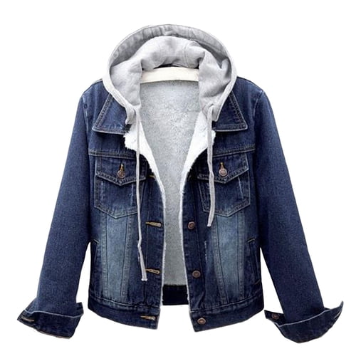 Skymirror Women Winter Jacket Hooded Solid Color Long Sleeves Detachable Hat Thick Keep Warm Single-breasted Plus Size Plush Denim Winter Coat for Daily Wear