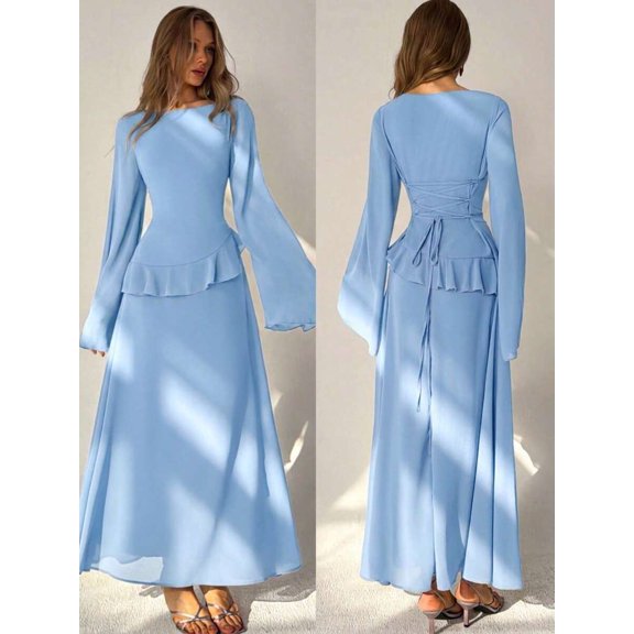 Blue Womens Off-Shoulder Flare Sleeve Ruffle Peplum Waist Maxi Dress