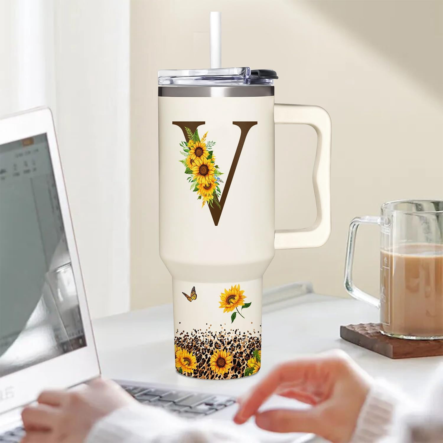 Personalized Birthday Gifts For Women - Sunflowers Monogrammed Cup For Boss Day, Christmas - Customized Gifts For Women, Mom, Wife, Coworkers, Boss Lady, Her - Custom Tumbler With Handle 40oz