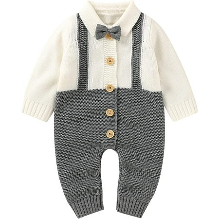 

PIKADINGNIS Newborn Baby Boys Knitted Romper Sweater Bow Tie Long Sleeve Button Down Bodysuit Jumpsuit Infant Gentleman Outfits