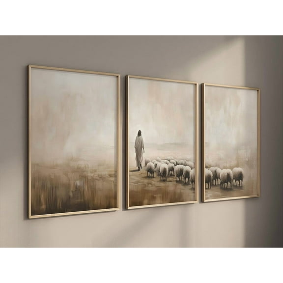 3 Pieces Jesus and the Sheeps Wall Art Canvas Prints Christian Faith God Lord Poster Painting Heart of the She-pherd Pictures for Bedroom Farmhouse Home Decor No Frame