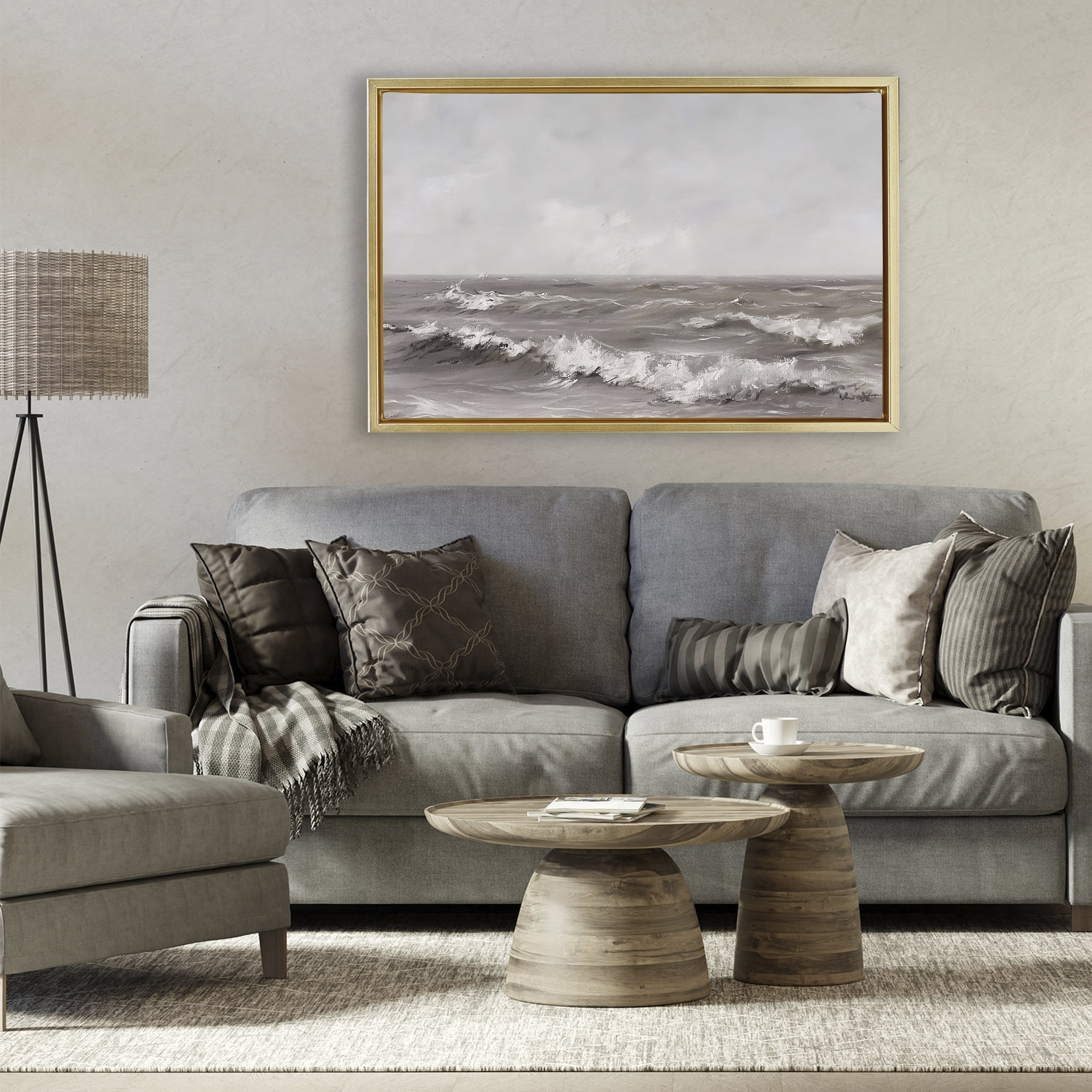 Stupell Industries Monochrome Sea Ripples Gold Framed Floater Canvas Wall Art, design by Jacky Ngan