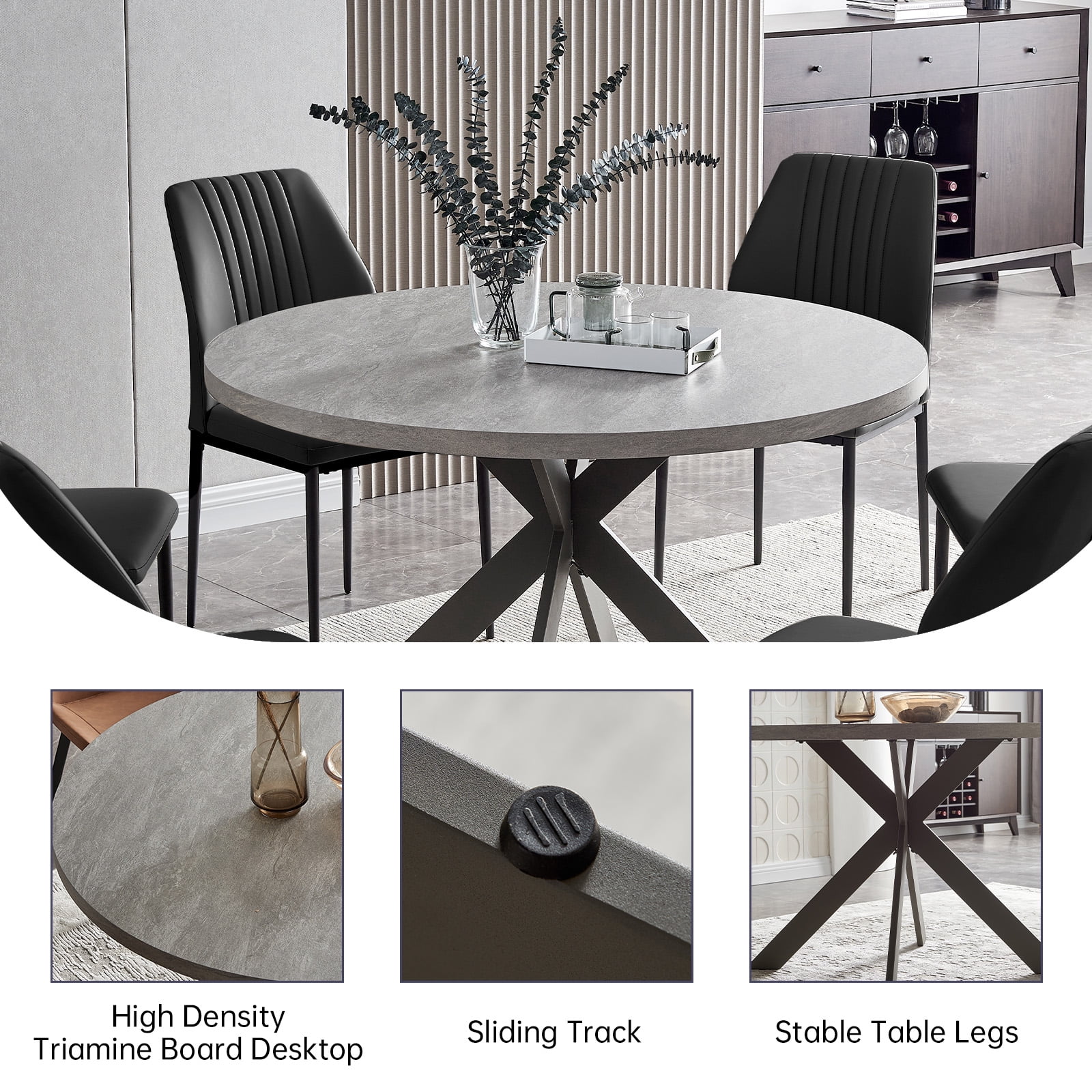 Zerifevni 46.4" Round Dining Table Set, Mid Century Modern Round Dining Table for 4-6 Person, w/Steel Legs, Coffee Table for Kitchen Dining Room, Office, Save Space (1 Round Table with 4 Black Chairs)