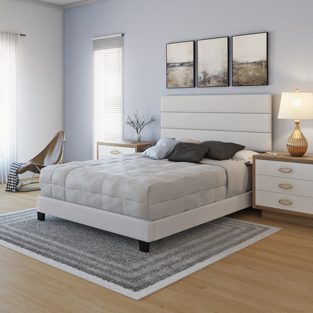 Boyd Sleep Piedmont White Faux Leather Queen Size Fully Upholstered Platform Bed Frame with Adjustable Headboard