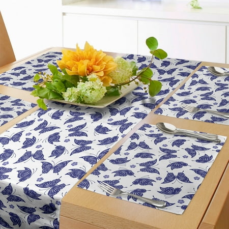 

Butterfly Table Runner & Placemats Monotone Continuous Simplistic Little Flowers and Moths on Plain Backdrop Set for Dining Table Placemat 4 pcs + Runner 14 x90 Indigo Ceil Blue by Ambesonne