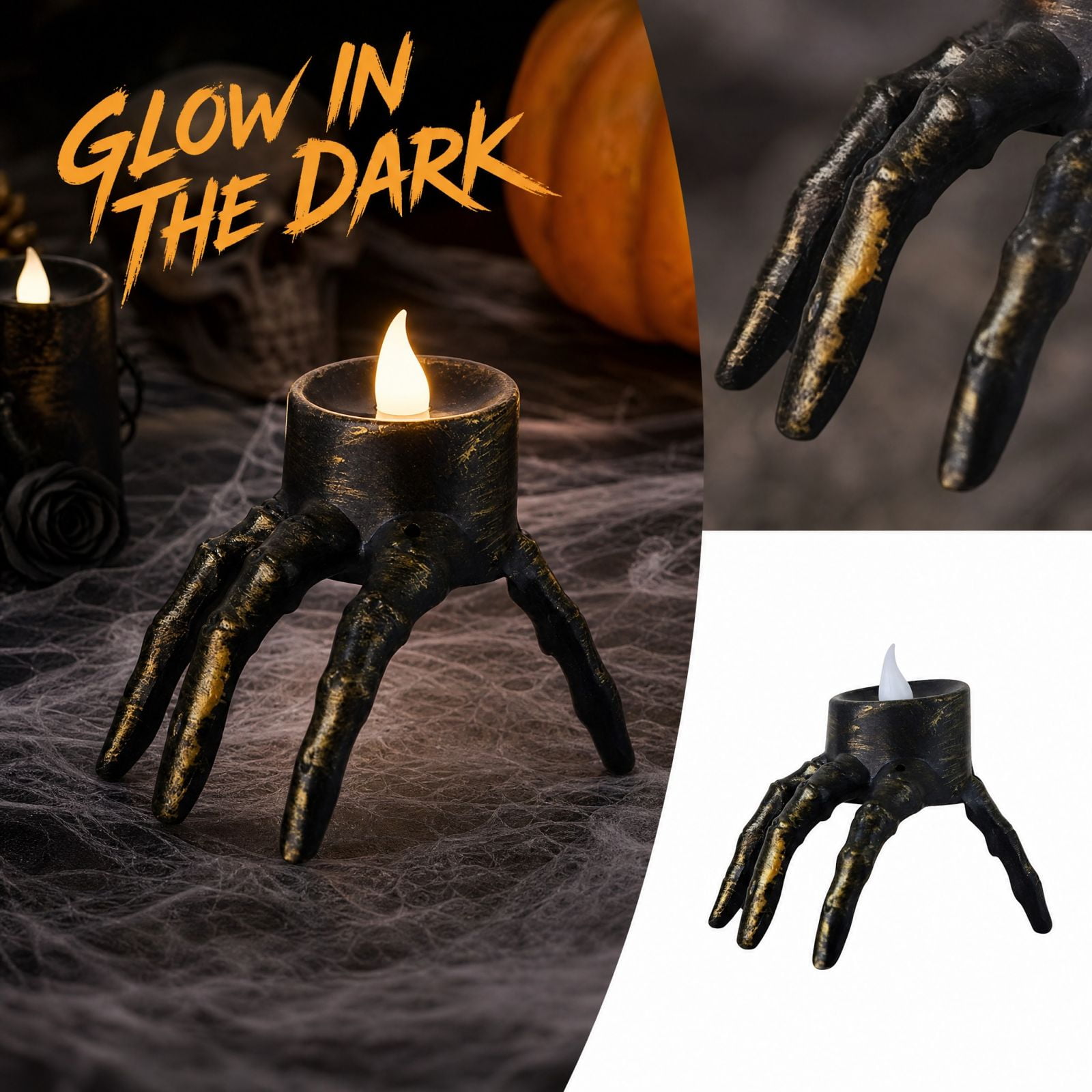 Skeleton Hand Tealight Candle Holder with Flameless Led Light and Antique Resin Finish 1 Piece Black with Gold Accents for Halloween Table Centerpiece Decoration
