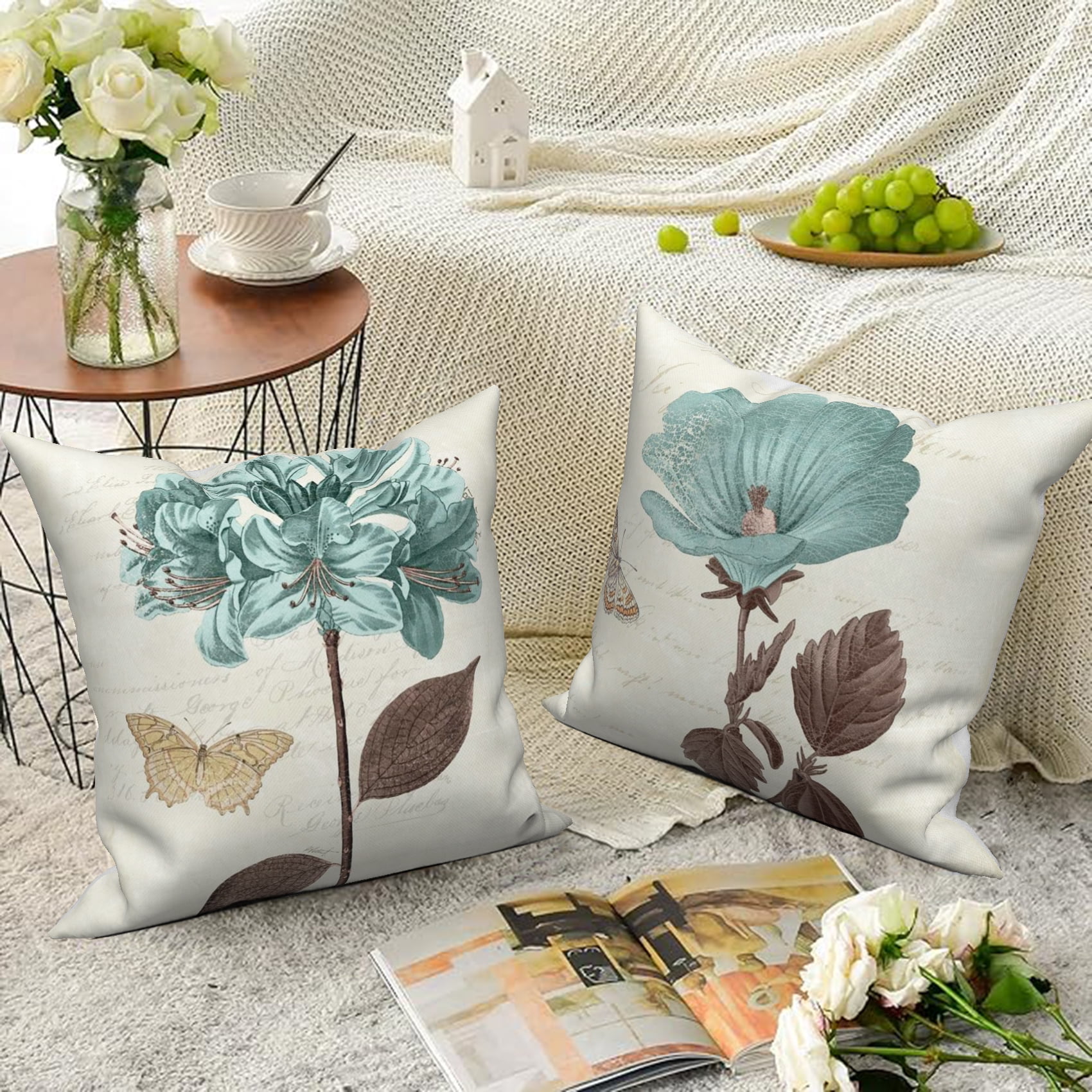 Dashan Floral Plant Throw Pillow Covers 20x20 Set of 4,Lotus Leaf Decorative Pillow Cases for Bedroom Sofa Couch