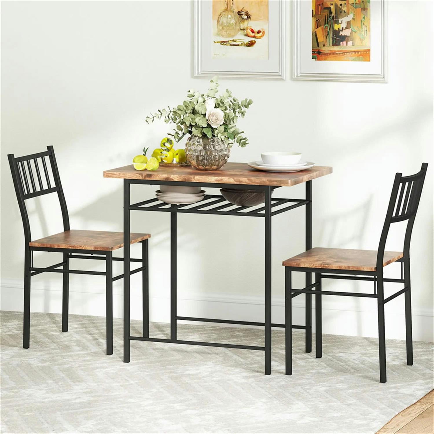 Demi Bonn 3 Piece Dining Table Set for Small Spaces with Storage Rack and Steel Frame, Kitchen Table and Chairs for 2 Dining Room Set with 2 Chairs, Brown