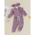 thumbnail image 4 of xiaxaixu Infant Baby Girl Fall Outfit Solid Color Ribbed Long Sleeve Romper Long Pants Bow Headband 3Pcs Set, 4 of 9